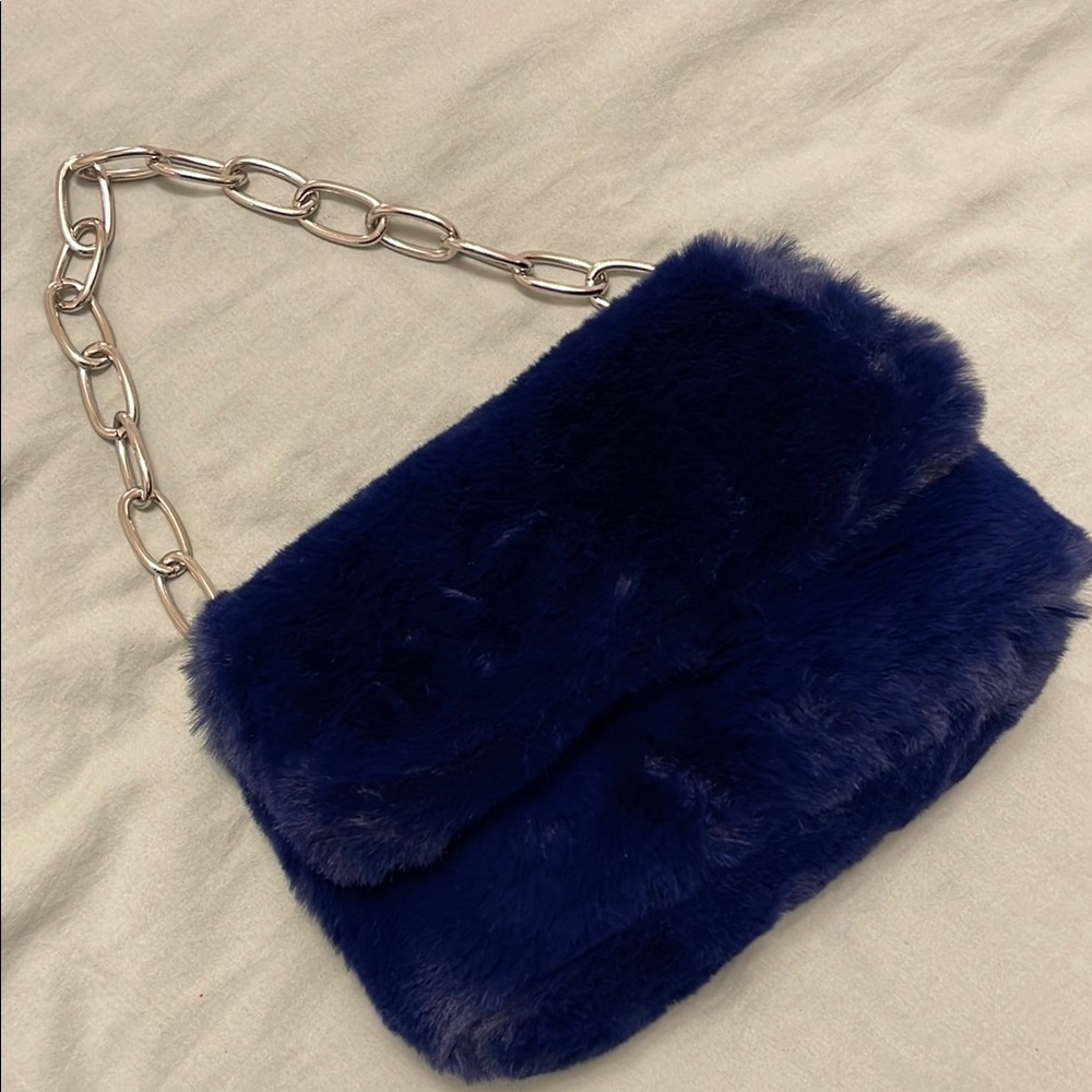 Luxurious Navy Faux Fur Bag with Silver Chain